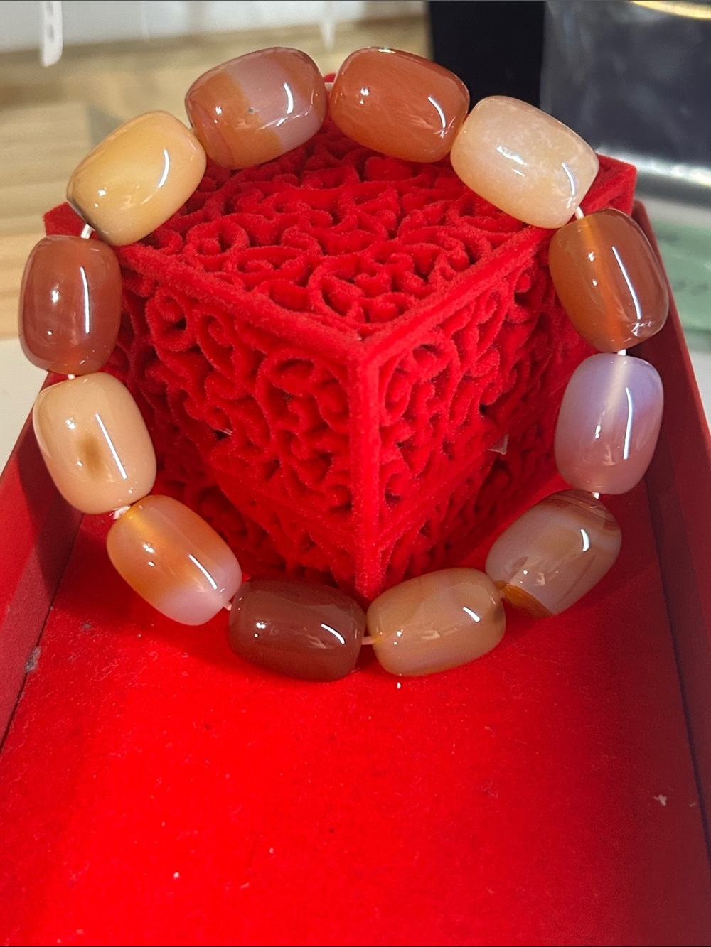 Natural Agate Bead Stretch Bracelet - Brown Peach Tones 18-20cm